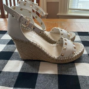 Marc Fisher white leather wedges with gold studs, size 7.5